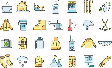 Holiday ski resort icon set. Outline set of holiday ski resort vector icons thin line color flat on white