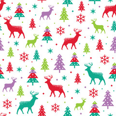 Seamless Pattern of Christmas Bright Geometric Christmas trees, Deers, and Snowflakes-Christmas vector design