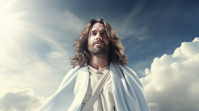 A serene image of Jesus with heavenly clouds, exuding profound tranquility.
