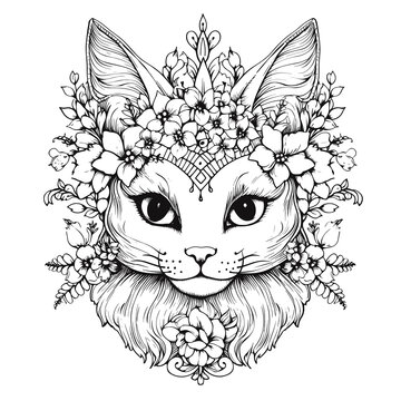 Beautiful Unicorn Cat Flowers Printable Coloring , Coloring Pages Png