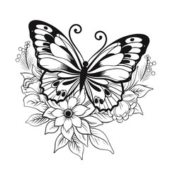 Coloring Page Butterflies Flowers Simple, Coloring Pages Png