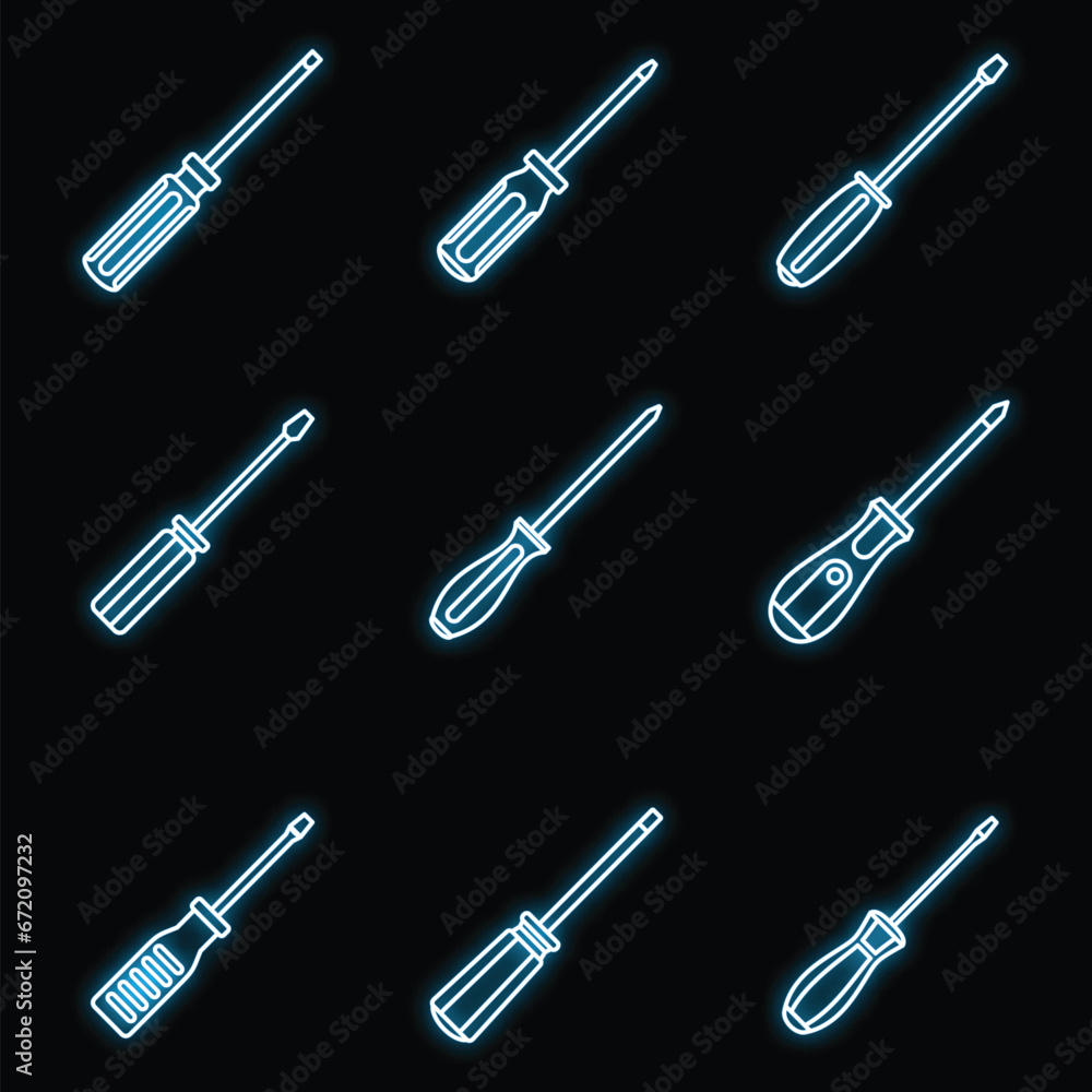 Poster screwdriver tool icons set. outline set of screwdriver tool vector icons neon color on black
