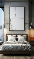 Mock up poster with one frames on the wall in home bedroom interior.3d rendering. Stylish modern interior Vertical photo