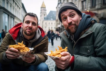 Poster Two silly, goofy male friends eating French fries on the street making funny facial expression © pilipphoto