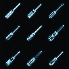 Screwdriver tool icons set. Outline set of screwdriver tool vector icons neon color on black