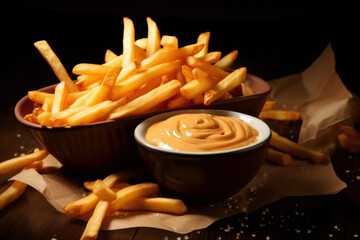 Delicious French Fries with sauce on the plate close up