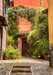 Fototapeta premium Narrow street of small town with many flowers in Italy