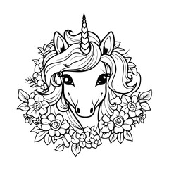Fototapeta premium Cute Unicorn Flowers Isolated Outline Coloring, Coloring Pages Png