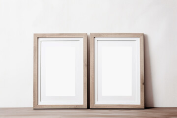 Two blank frames styled mockup photo, vertical, blank frame for art display, minimalist, clean, elegant, white background, wood frames