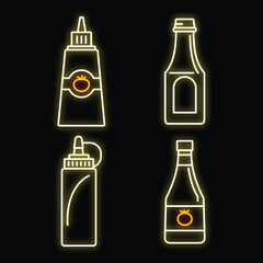 Tomato ketchup icon set. Outline set of tomato ketchup vector icons neon color on black