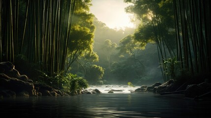 Pristine river flowing through dense bamboo forest, bathed in morning sunlight. Natural beauty. - obrazy, fototapety, plakaty