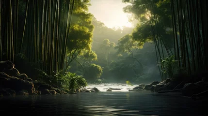 Tuinposter Pristine river flowing through dense bamboo forest, bathed in morning sunlight. Natural beauty. © Postproduction