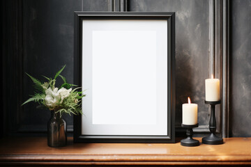 Blank frame styled mockup photo, vertical, blank frame for art display, minimalist, clean, elegant, black frame
