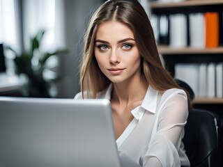 Fototapeta premium Beautiful girl in a corporate agency. Cute woman in workplace. Amazing businesswoman smiling in camera. Office worker scene.