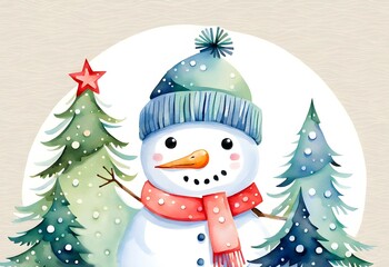 Watercolor Christmas Postcard of Cute Snowman and Christmas Tree Scene