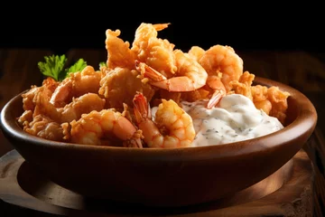 Foto op Canvas Crunchy fried shrimps in a bowl topped with white sauce    close up © pilipphoto