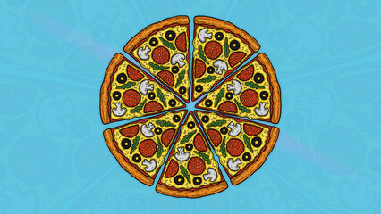 sliced cartoon pizza illustration isolated on blue gradient background horizontal banner with text area copy space and place for text