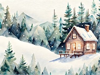 Watercolor vintage winter rural landscape with house in the forest background