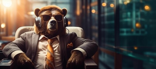 AI generated illustration of A bear wearing headphones with a colorful background