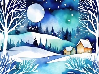 Watercolor snowy winter landscape at the moon night background