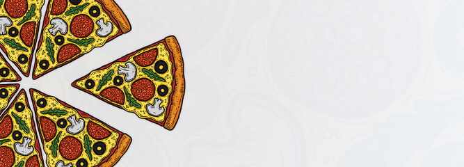 sliced cartoon pizza illustration isolated on white gradient background horizontal banner with text area copy space and place for text