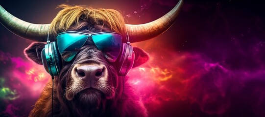 AI generated illustration of A bull wearing headphones with a colorful background - obrazy, fototapety, plakaty
