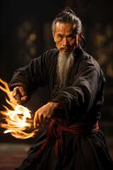 Obraz premium Wushu master demonstrating a traditional staff routine, Generative AI