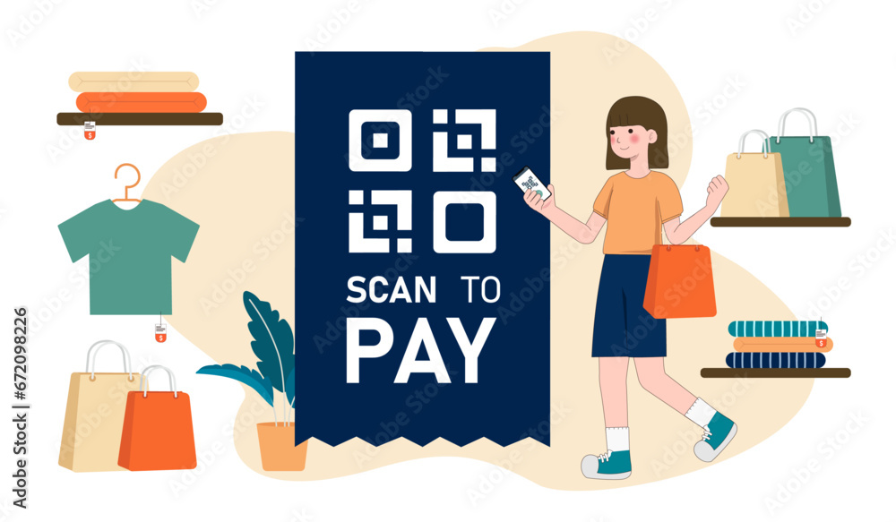 Poster vector illustration, qr code scanning concept, showing people scan code using smartphone, suitable f