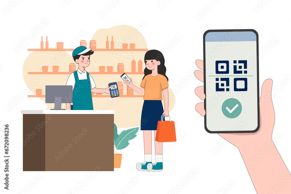 Poster cashless payment system. woman use mobile cashless payment system or scan qr code. characters using 