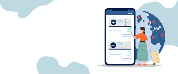 Online booking ticked. Buy Ticket Online. Traveling on airplane. Online booking ticked. Buy Ticket Online. Traveling on airplane. Vector Illustration