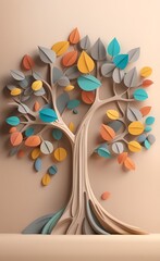 Colorful tree with leaves on hanging branches of beige and grey illustration background. 3d wallpaper for interior mural wall art decor. floral tree with multicolor leaves. Generative AI