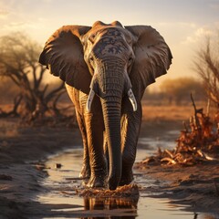 an elephant walking through a puddle