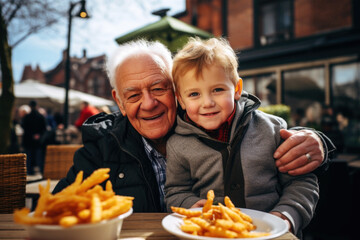 Grandfather and grandson spending time together,  eating delicious French fries in the street restaurant 