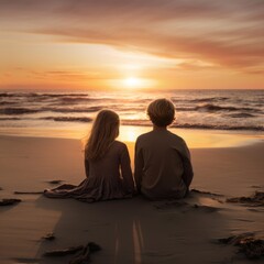 two children sitting on a beach looking at the sunset