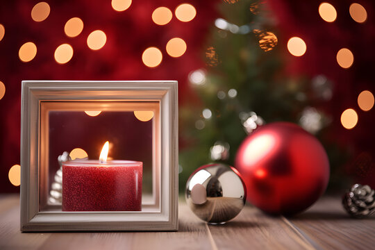 Empty photo frame in christmas interior background. Generative AI