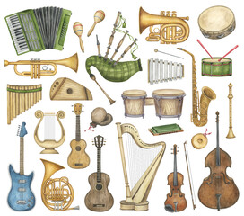 Collection watercolor handdrawn musical instruments. Cliparts set on white background. orchestra instruments illustration. - obrazy, fototapety, plakaty