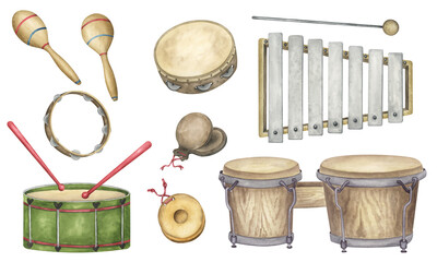 Percussion musical instruments. Watercolor clipart set. Maracas, castanets, xylophone, tambourine; drum, bongo on white background - obrazy, fototapety, plakaty