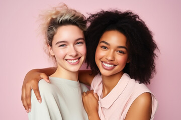 Two diverse happy women having fun together in a studio environment - obrazy, fototapety, plakaty