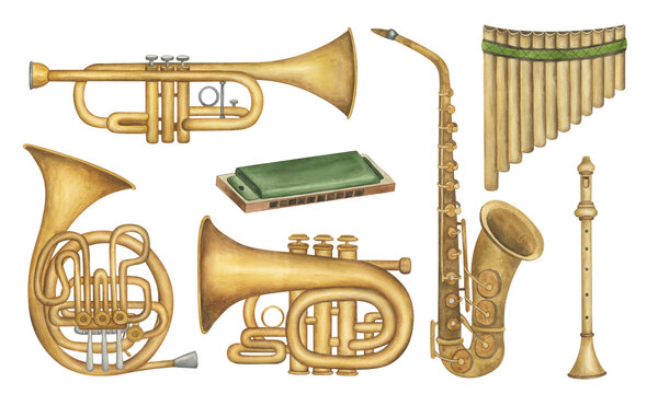 Wind group musical instruments. Watercolor clipart set. Trumpet, harmonica, panflute, french horn, tuba, recorder, saxophone on white background