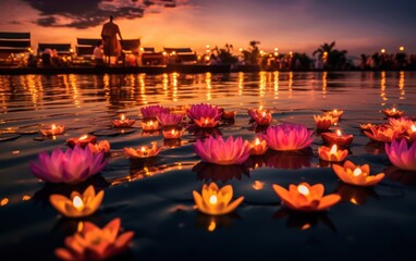 Fototapeta premium Floating loy krathong and candle in Thailand full moon folk festival. Generative AI