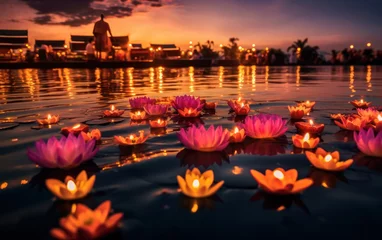 Tuinposter Floating loy krathong and candle in Thailand full moon folk festival. Generative AI © sticker2you