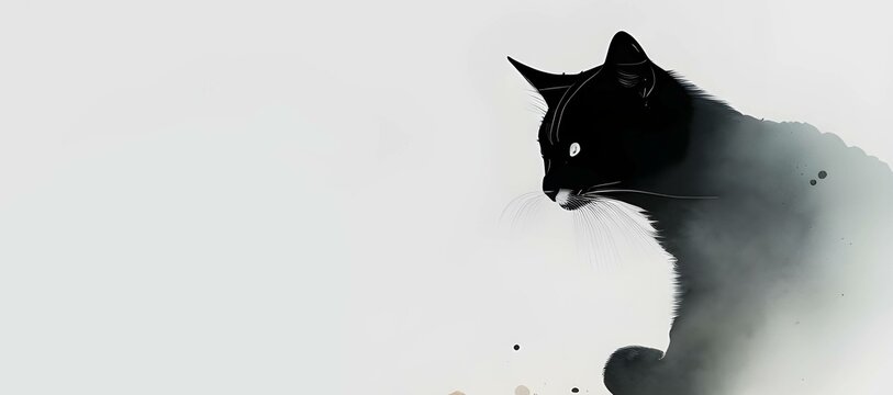 Abstract black cat digital watercolor ink illustration banner. Halloween dark art card print, social media post template.