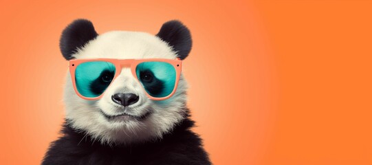 Fototapeta premium AI generated illustration of a black-and-white panda bear wearing sunglasses on an orange background