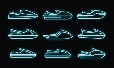 Race jet ski icons set. Outline set of race jet ski vector icons neon color on black