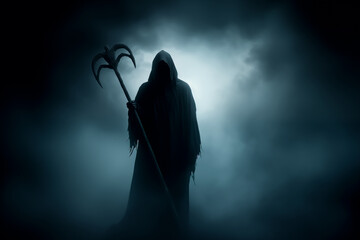 The Grim Reaper, the bringer of death and reaper of souls, standing in a thick fog, holding his scythe. Concept of mortality and death. Shallow field of view
