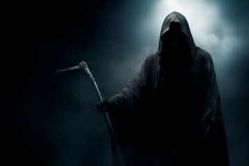 The Grim Reaper, the bringer of death and reaper of souls, standing in a thick fog, holding his scythe. Concept of mortality and death. Shallow field of view - obrazy, fototapety, plakaty
