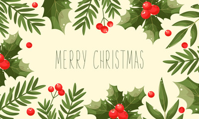 Merry Christmas and Happy New Year 2024 background with Christmas tree branches, berries and frame with place for text. Vector illustration. Horizontal holiday flyer, sale coupon or party invitation