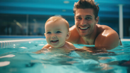 Fototapeta premium Portrait of happy father and son playing together in swimming pool. Spending quality time, lifestyle, family, summertime and vacation concept.