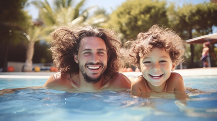 Obraz premium Portrait of happy father and son playing together in swimming pool. Spending quality time, lifestyle, family, summertime and vacation concept.
