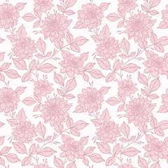 Fototapeta na wymiar Pastel pink dahlia flower vintage vector pattern, hand drawn floral background, feminine seamless repeating wallpaper for the spring.
